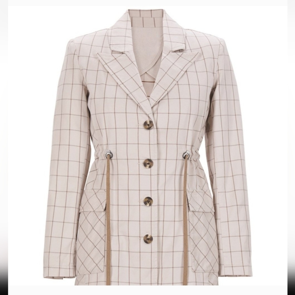 Cabi Windowpane Jacket Style # 6026 Taupe Cinched Waist Size Small